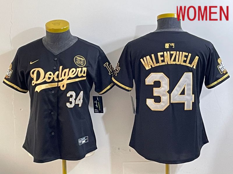 Women Los Angeles Dodgers #34 Valenzuela Black Gold Fashion Nike 2024 MLB Jersey style 1120->women mlb jersey->Women Jersey
